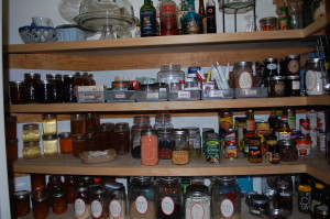 Front view pantry shelves showing contents and organization from top to bottom 