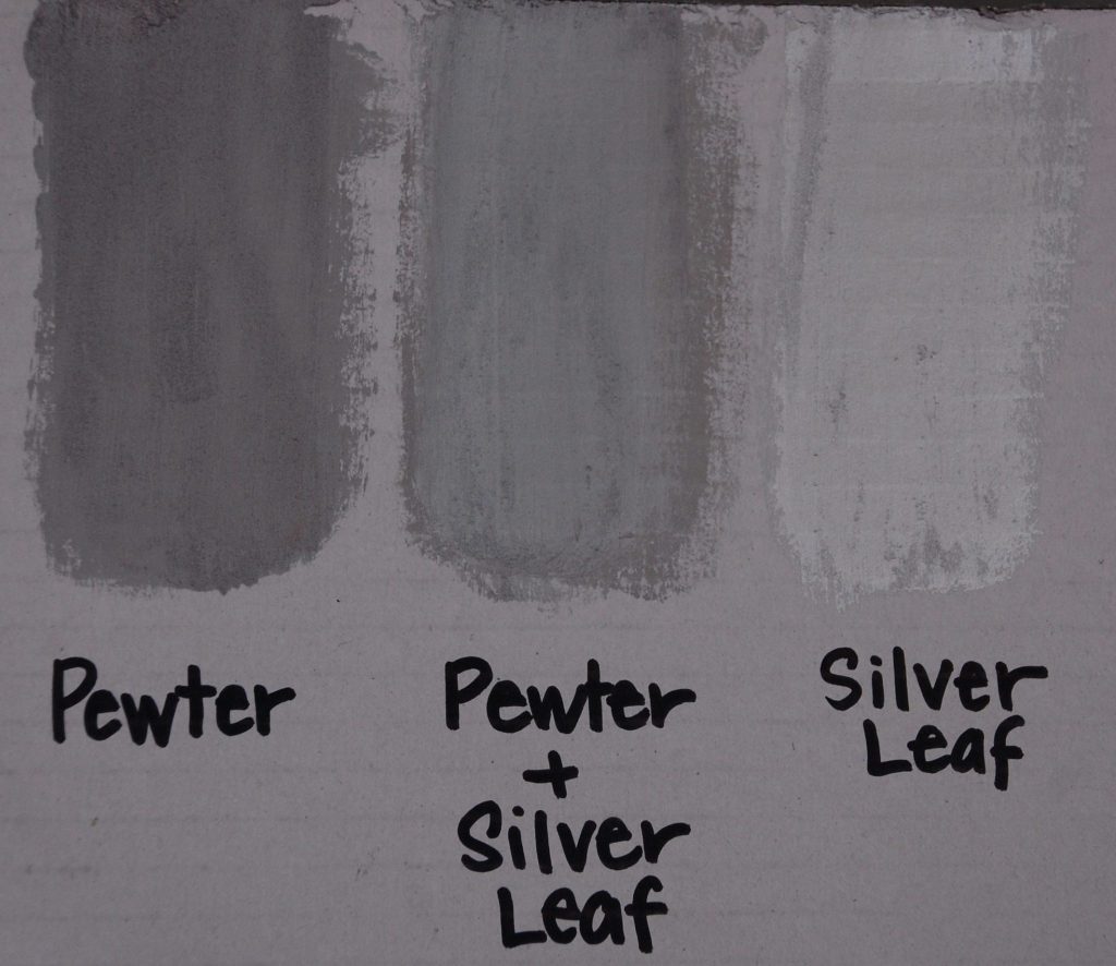 3 different colors of Rub n Buff side by side for comparison - Pewter, Pewter + Silver Leaf and Silver Leaf 