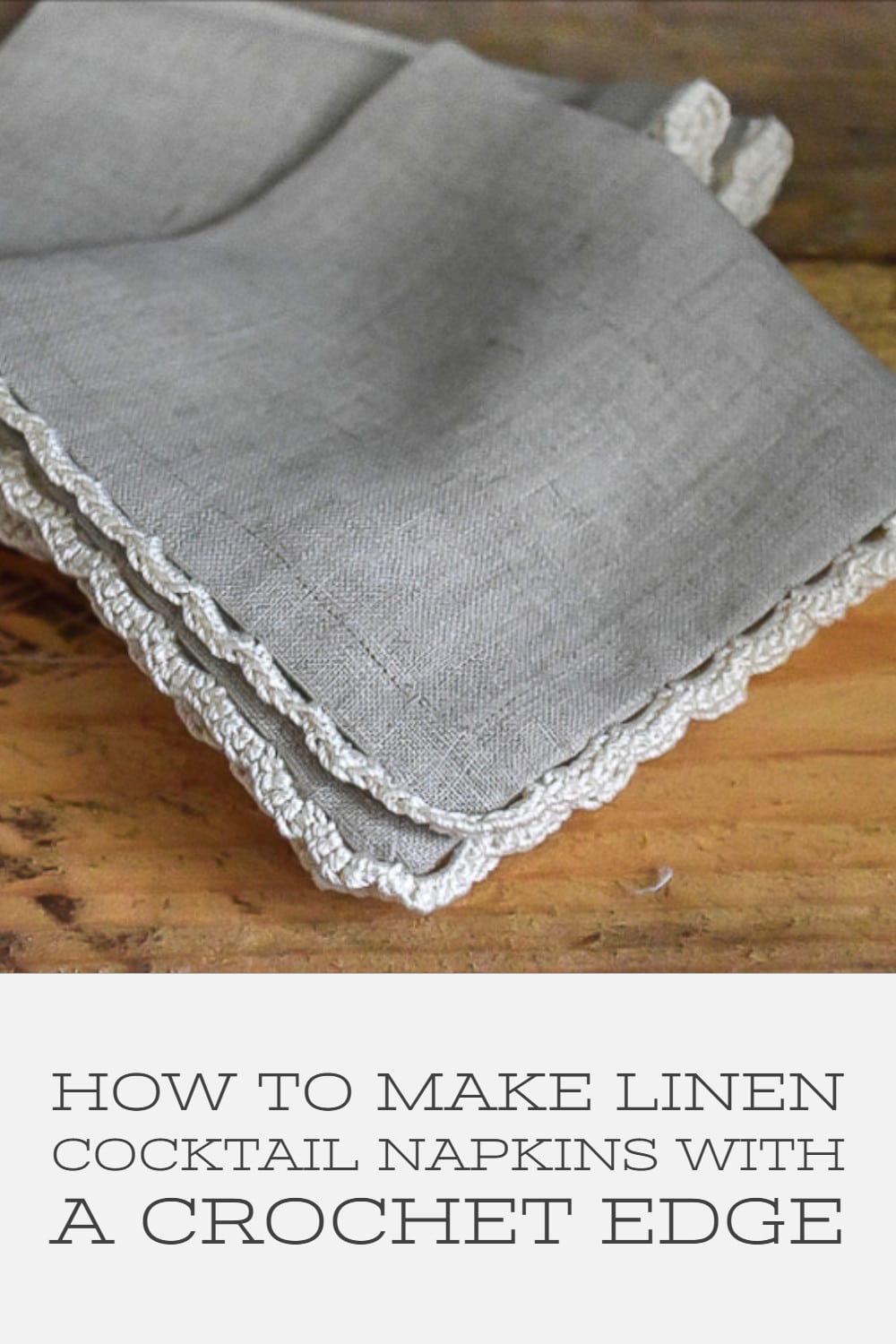 pin showing linen cocktail napkin with crochet edge
