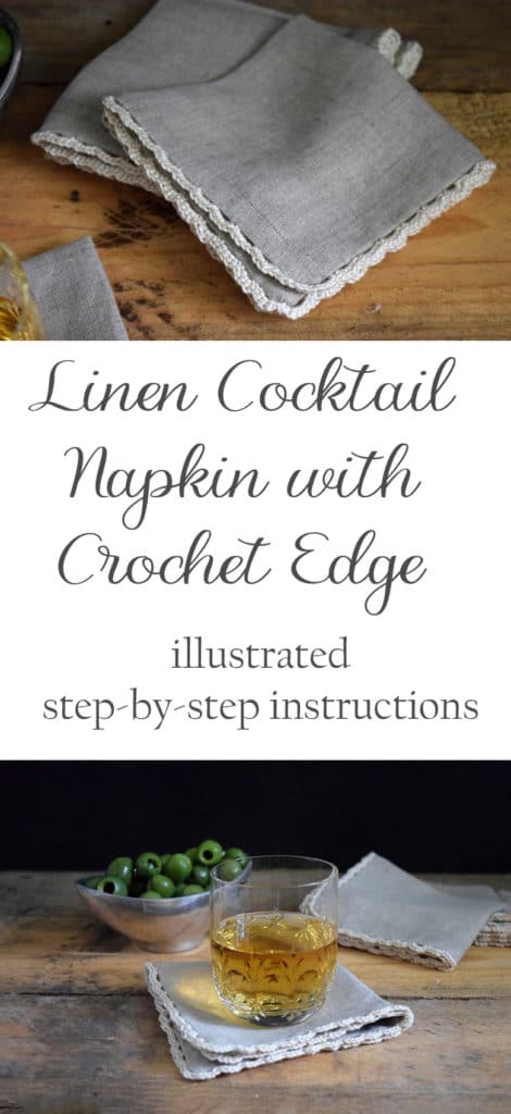 pin showing linen cocktail napkin with crochet edge
