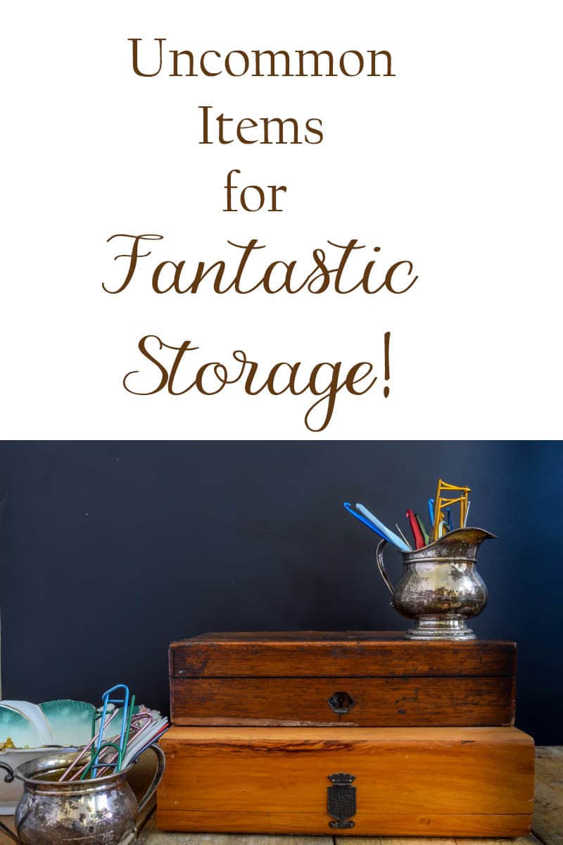 Ideas, photos and links showing snazzy organization ideas for your stuff using 7 easily found but uncommon containers styles