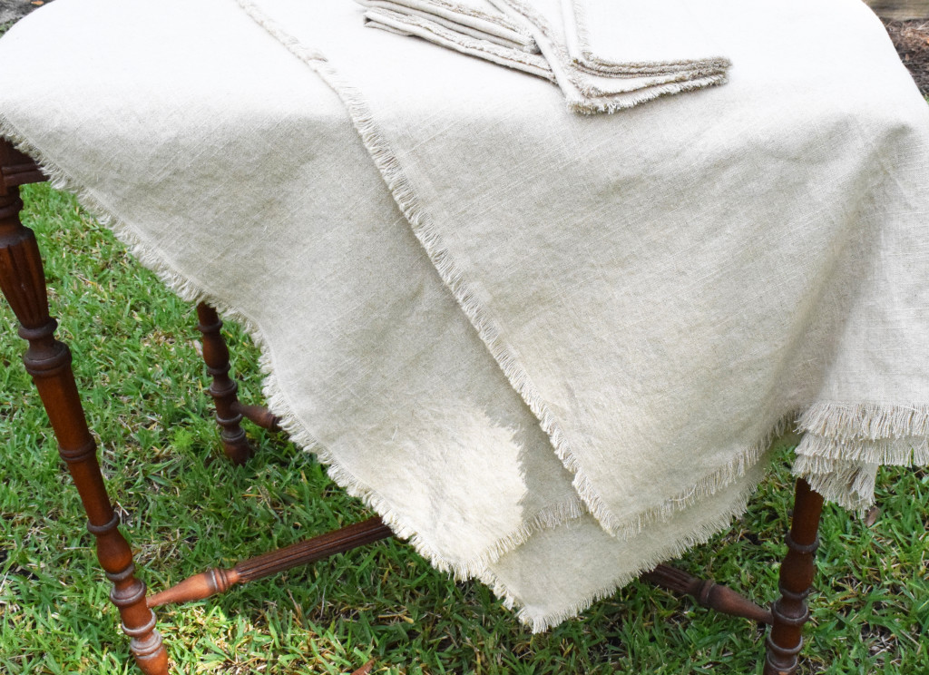 DIY a fringed linen tablecloth and napkins. Can be dressed up or dressed down to suit your table and home decor