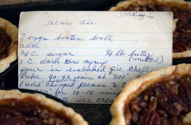 Grandma's Pecan Pie Recipe: pecan pie recipe on handwritten recipe card