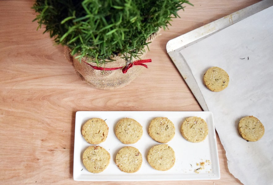 Brown Butter Rosemary Shortbread Cookie Recipe: tray of just baked shortbread cookies fresh out of the oven