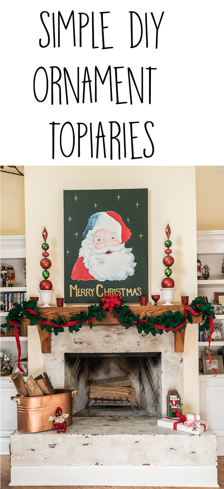 Illustrated instructions on how to make ornament topiaries using inexpensive plastic ornaments, a wood dowel and plaster of paris. Easy Christmas Decor DIY.