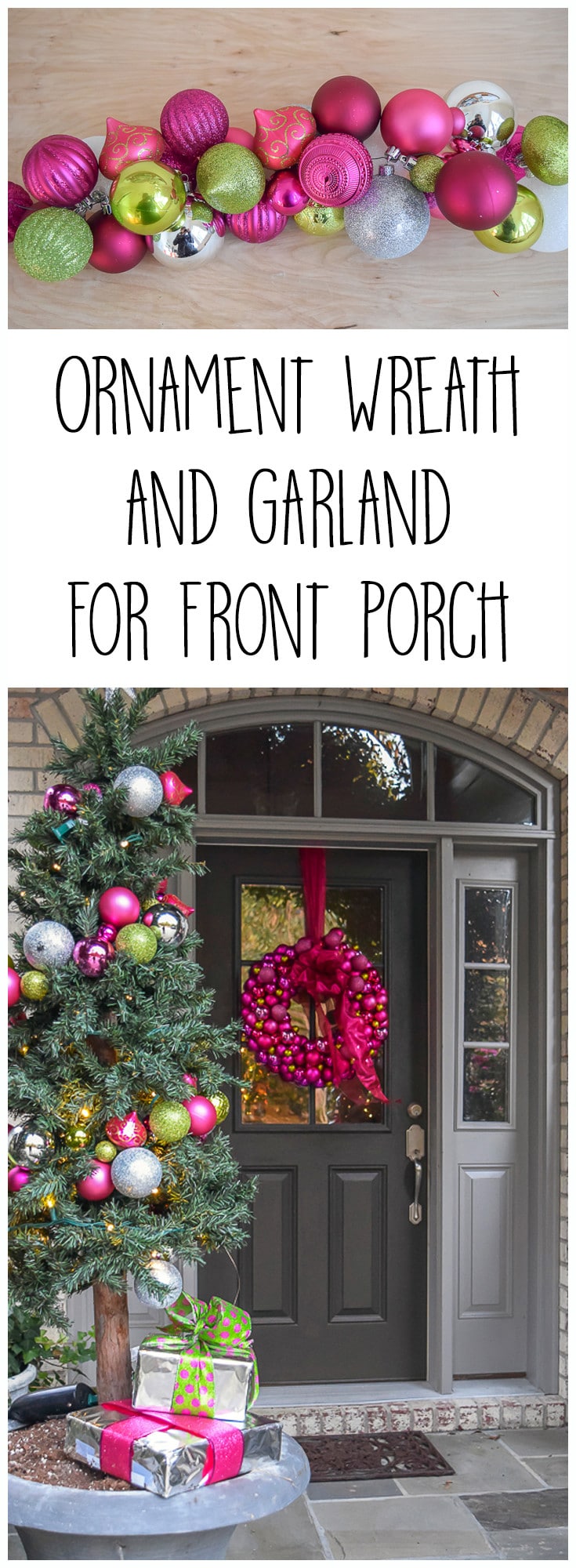 Dress your holiday front porch in festive and fancy pink and green! A fun twist on traditional Christmas Decorations. 