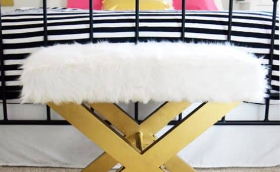 A home decor DIY that took a bench from glum to glam. Perfect for a girls bedroom