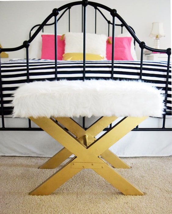 A home decor DIY that took a bench from glum to glam. Perfect for a girls bedroom