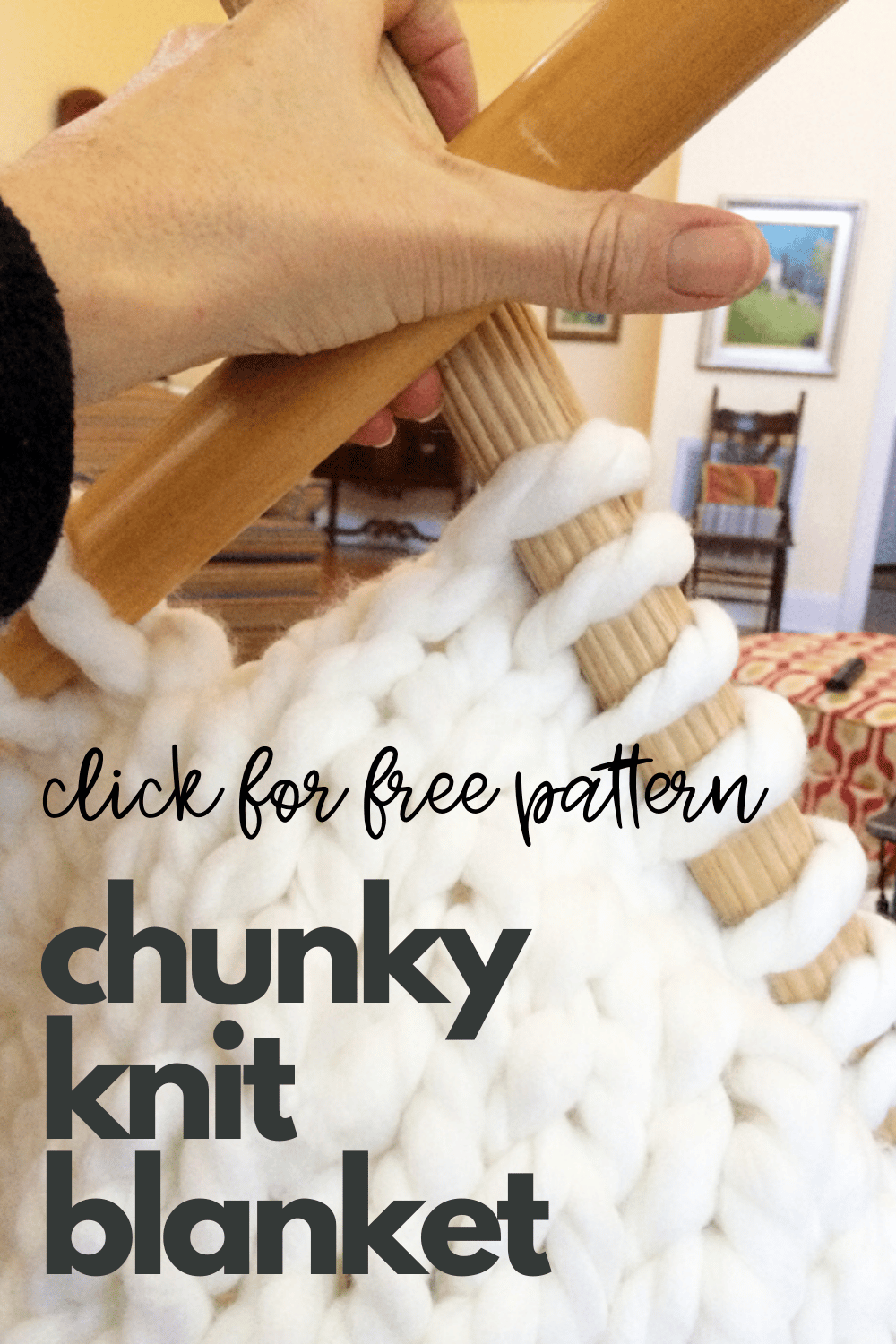 chunky knit blanket on knitting needles