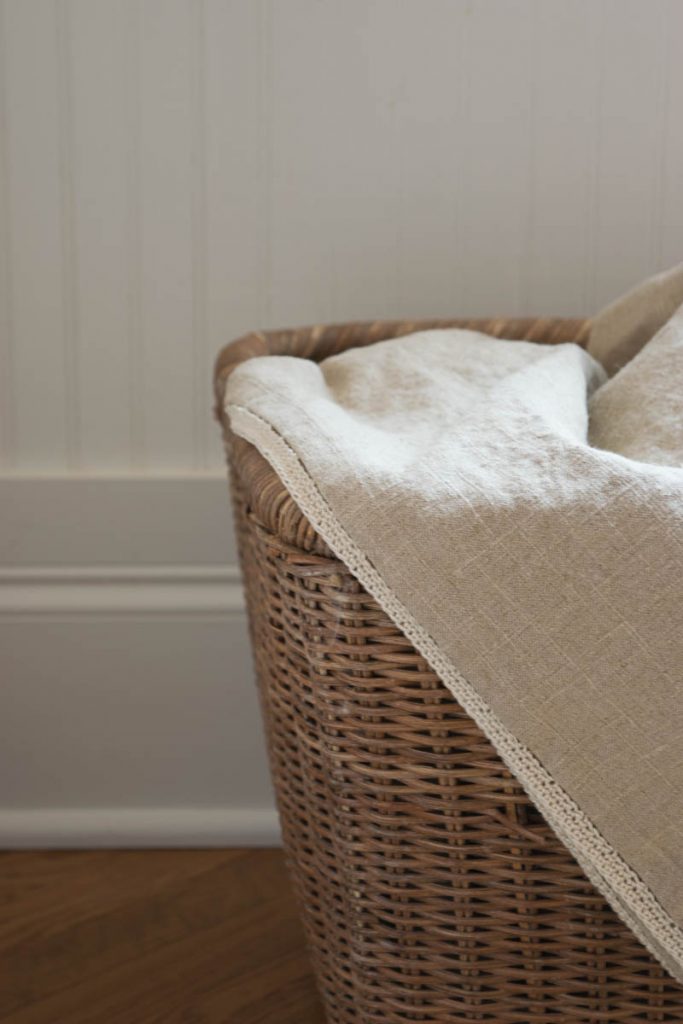 DIY linen throw, sew mitre-edge and add crochet trim to finish. Perfect for spring, summer and gift giving. 