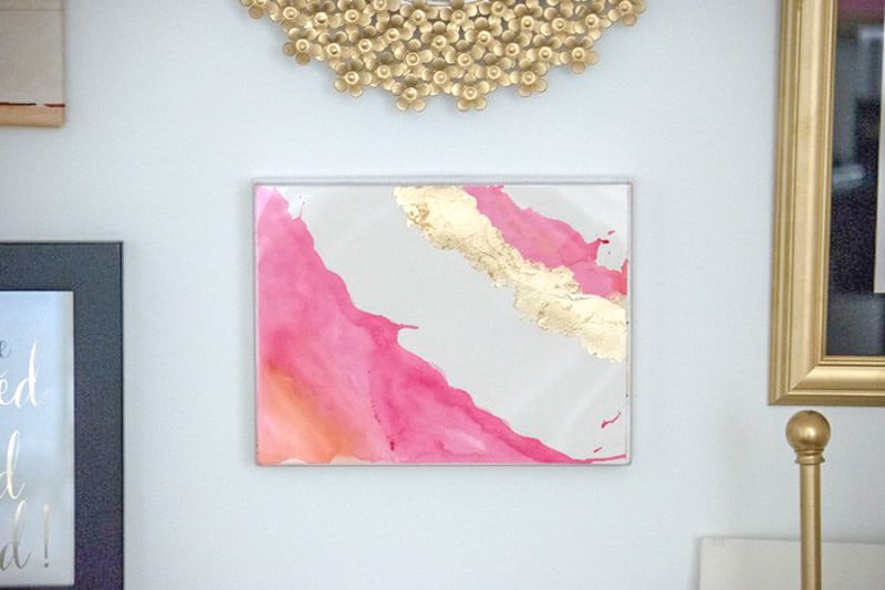 DIY Watercolor Painting: diy abstract art with gold leaf framed on wall