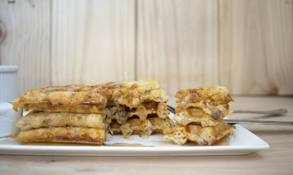 Whole Wheat Sausage, Cheese and Potato Waffles Recipe for a Hearty Breakfast or Dinner.