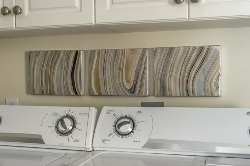 Making 3- panel art from one sheet of marbled paper. DIY decorating in the laundry room.