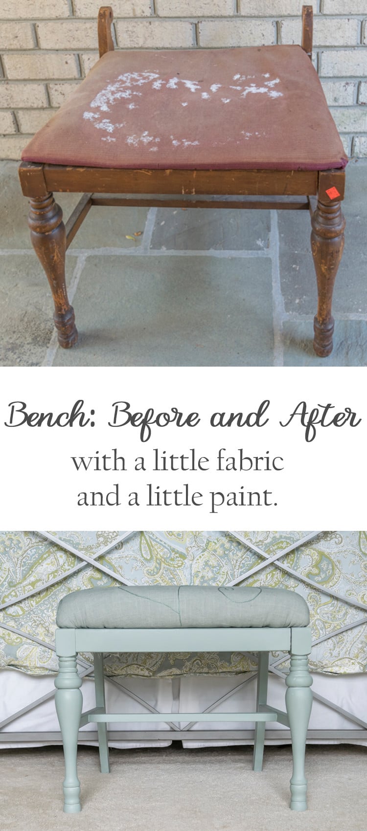A little paint and some embroidered linen fabric transform a sad little bench into a real beauty. An easy DIY home decor project with step by step instructions.