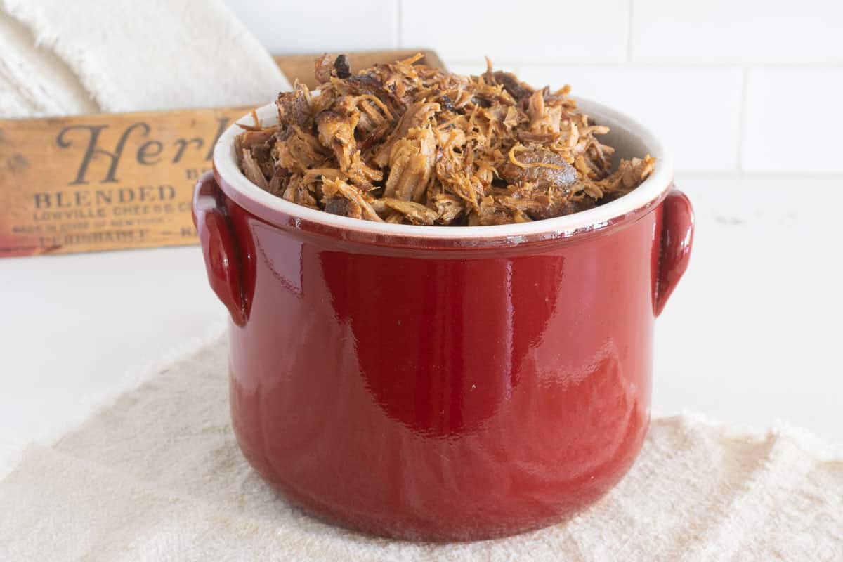 A pot of crock pot barbecue pulled pork.