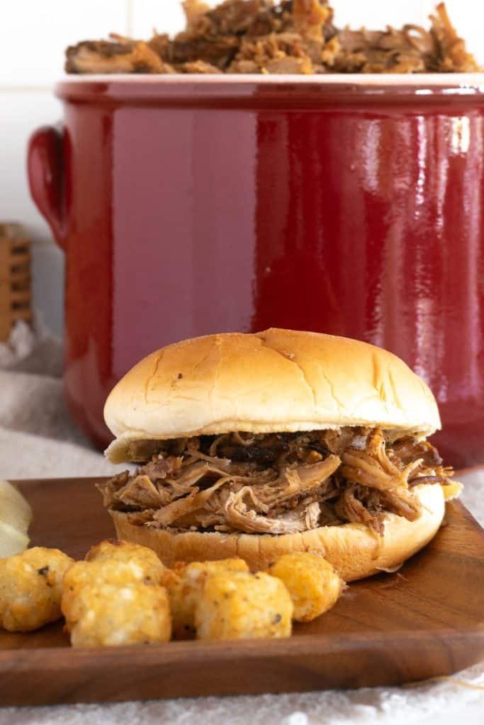 A barbecued pulled pork sandwich with a pot of pulled pork in the background.