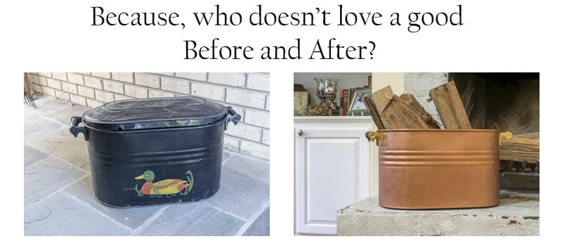 Use Modern Masters paint and primer to upcycle & put faux copper finish on old metal tub, turning it into a beautiful 'copper' wash tub for your home decor. Easy DIY Project!