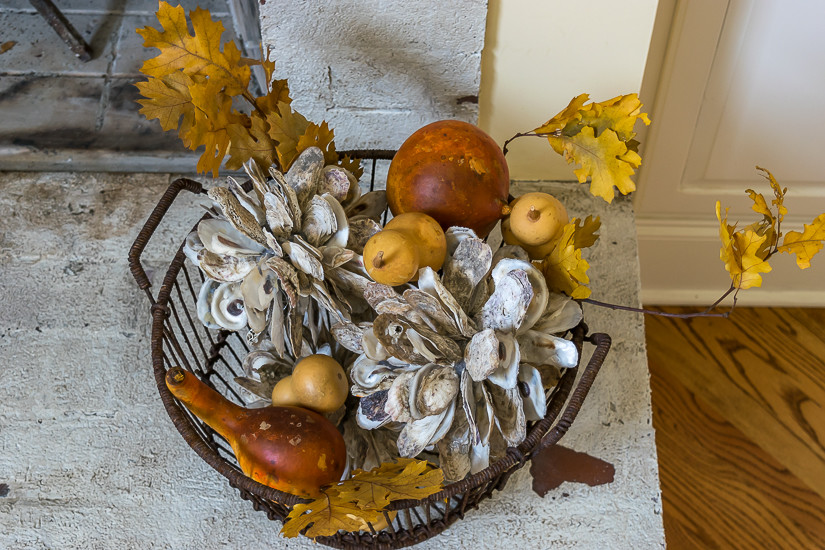I've joined several of my friends to open our homes for a Fall Home Tour. Stop by, have a mug of hot spiced cider and settle down for a good fireside chat. Oyster basket with oyster clusters and fall leaves.