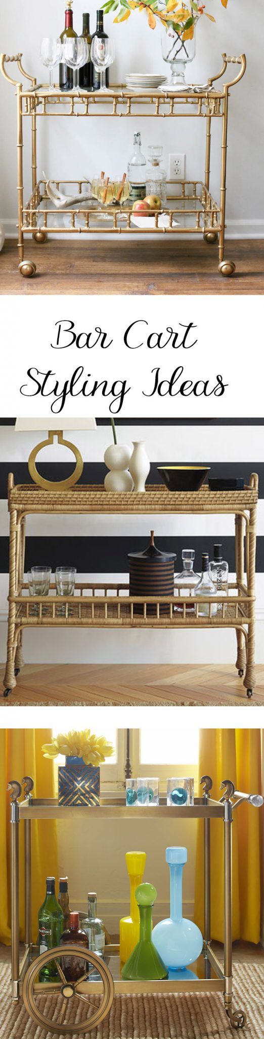 Great examples of how to style bar carts to make them both functional and lovely; perfect for casual, formal and holiday entertaining.