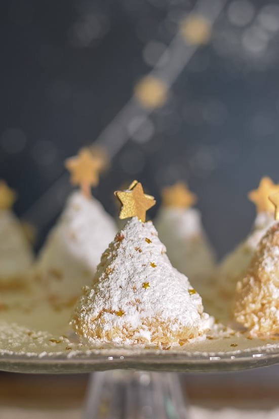 An easy to make recipe for coconut Christmas tree cookies. For added effect, add a dusting of powdered sugar 'snow', some edible glitter and a gold star.