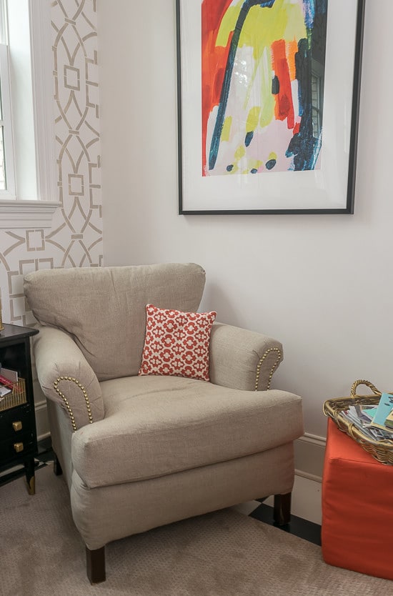 That Minted Artwork! That Cutting Edge Stencilled Wall! That Reupholstered Chair! That Counter Surround! That Coral Cabinet! I can't decide which is my favorite element of this finished One Room Challenge Room!