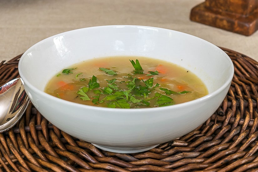 A bowl of Turkey Soup made with Turkey Stock.
