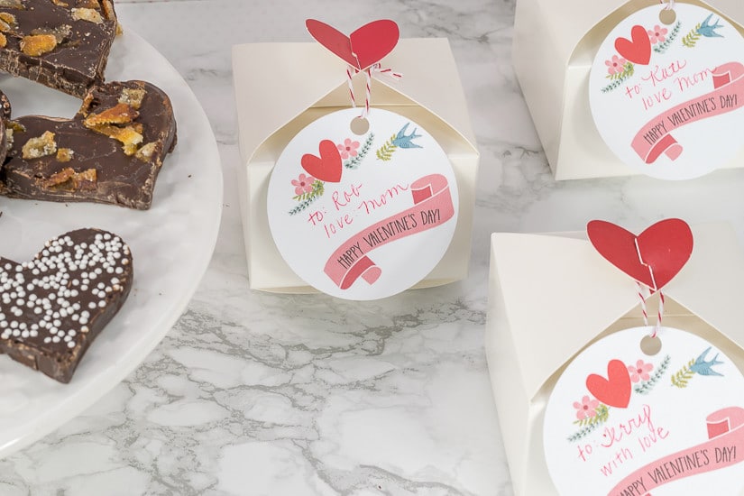 Recipe for Valentine's Day Chocolate Bark, with a variety of topping options. PLUS, a free printable for Valentine's Day gift tags.