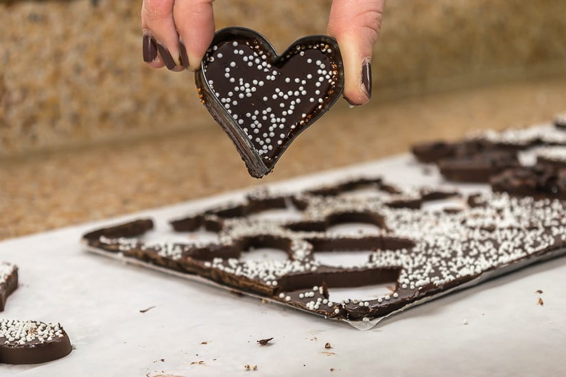  Valentine's Day Chocolate Bark topped with non-pareils.