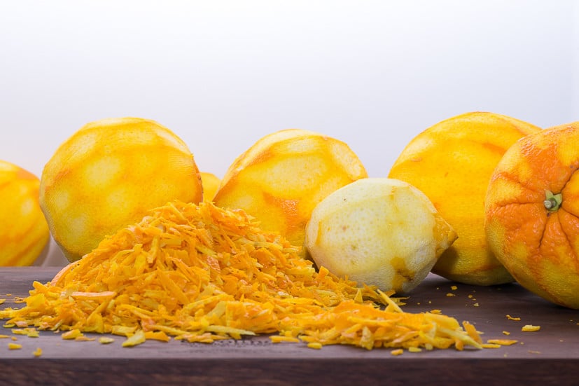 Orange Marmalade recipe: close up of navel oranges with zested peels 