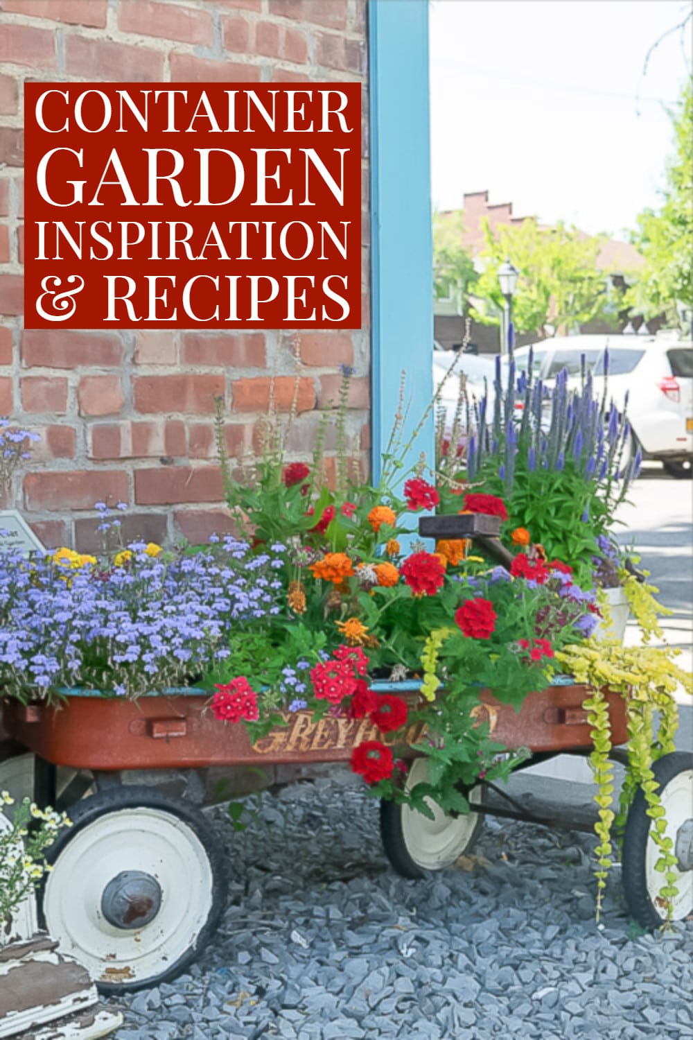 image of container garden in old red wagon