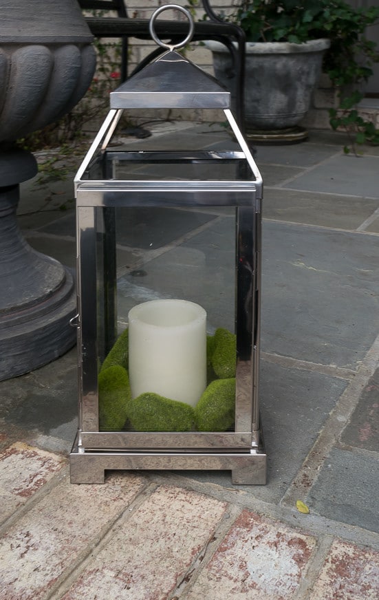 Spring Front Porch Ideas: DIY Spring crafts - moss covered rocks in lantern