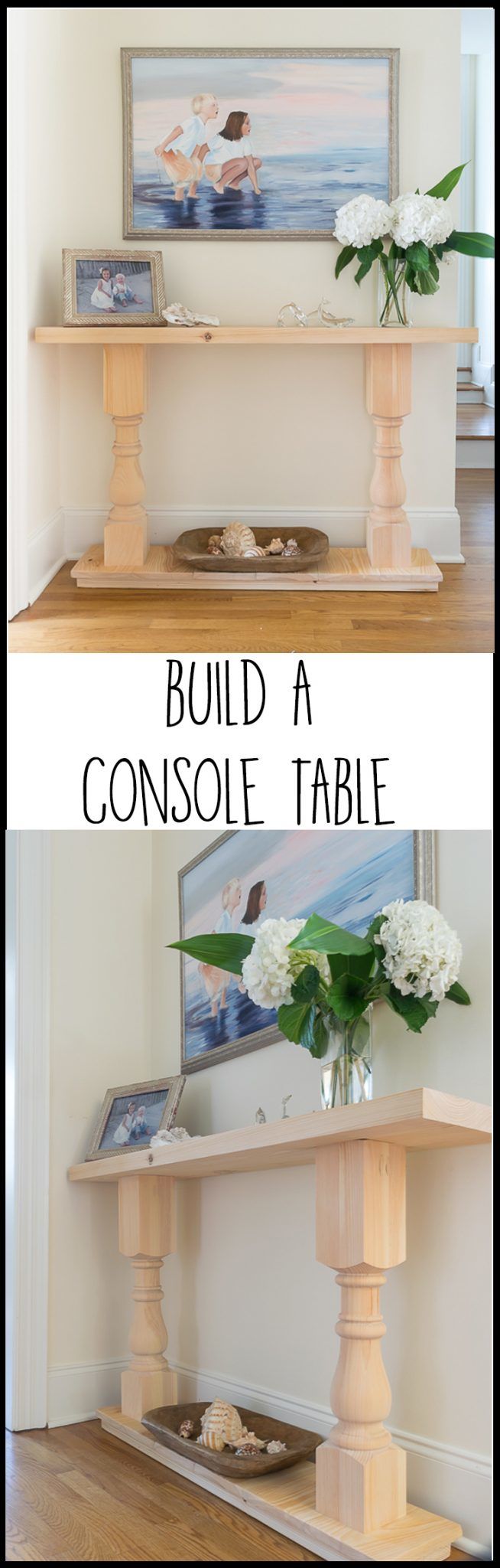 Yippee! I can check this off of my DIY bucket list! This easy DIY console table was the first piece of furniture I ever tried to build. Step by step, illustrated tutorial with recommended supplies and tools. A perfect spruce up for my home decor.