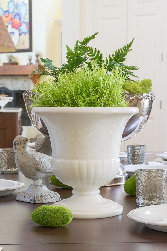 Spring Table Decor: Moss filled urn 