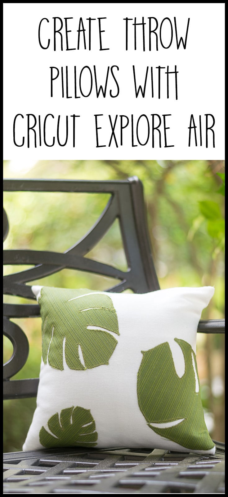 Love these throw pillows! Use a Cricut to cut the tropical leaf shapes and then just sew them on a white pillow cover. Use outdoor fabric for spring and summer porch decor or regular fabric for your home decor. #cricutmade @officialcricut (sponsored by Cricut)