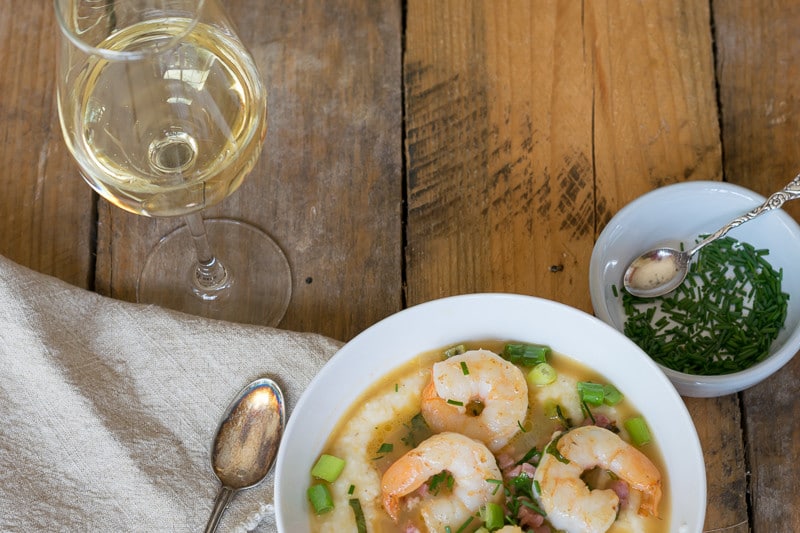 A glass of Chardonnay pairs nicely with Shrimp and Grits