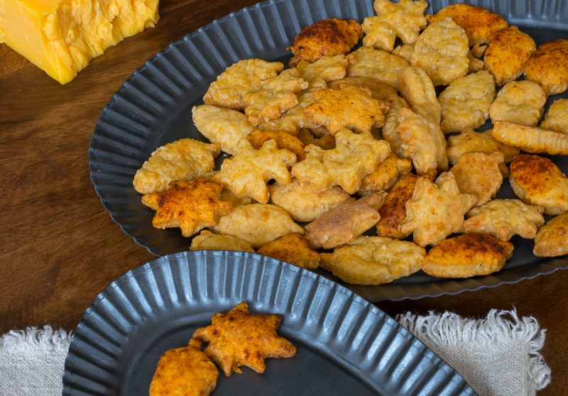 Big platter with leaf shaped cheese crackers.