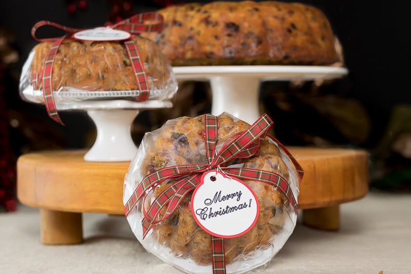 Packaged and wrapped fruitcakes with ribbon and bows:  This White Fruitcake recipe, with natural fruits and nuts (and a bit of Brandy) will make the perfect gift for friends and neighbors. 