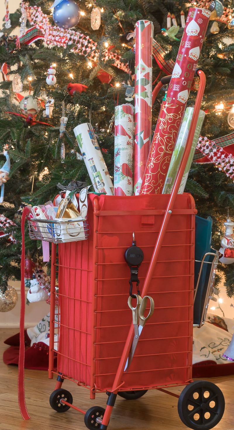 DIY Wrapping Paper Cart keeps my supplies organized and easily accessible AND my scissors can't walk away - ideal for wrapping paper storage