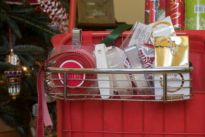 DIY Wrapping Paper Storage: area for tape and miscellaneous wrapping doo dads on my wrapping cart