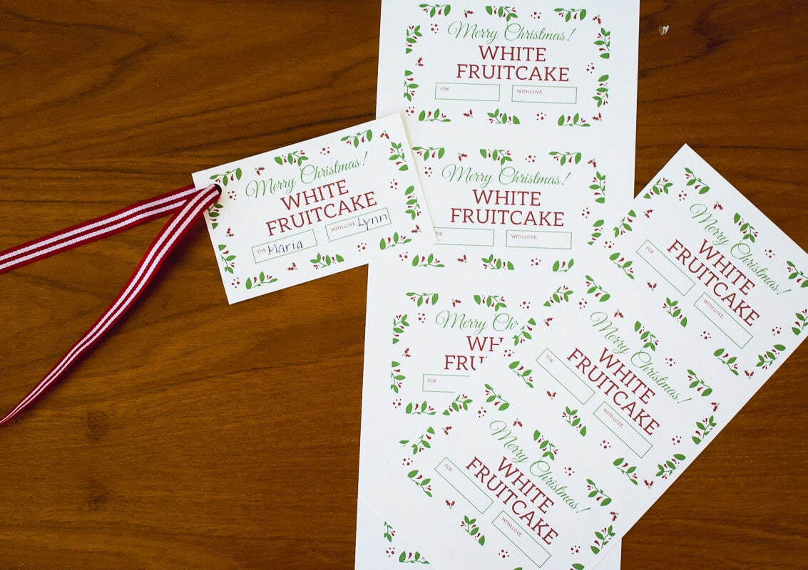 Holiday fruitcake gifts:  Printable tags for gifting your white fruitcake.