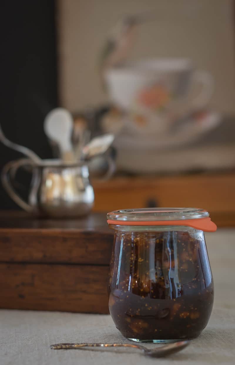 Dried Fig jam conserve: a chunky fig jam recipe - perfect for canning, close-up of finished jar dried fig conserve