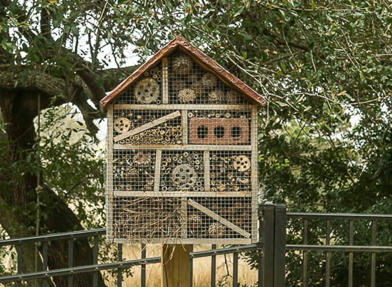 Insect hotel with trees in the background.