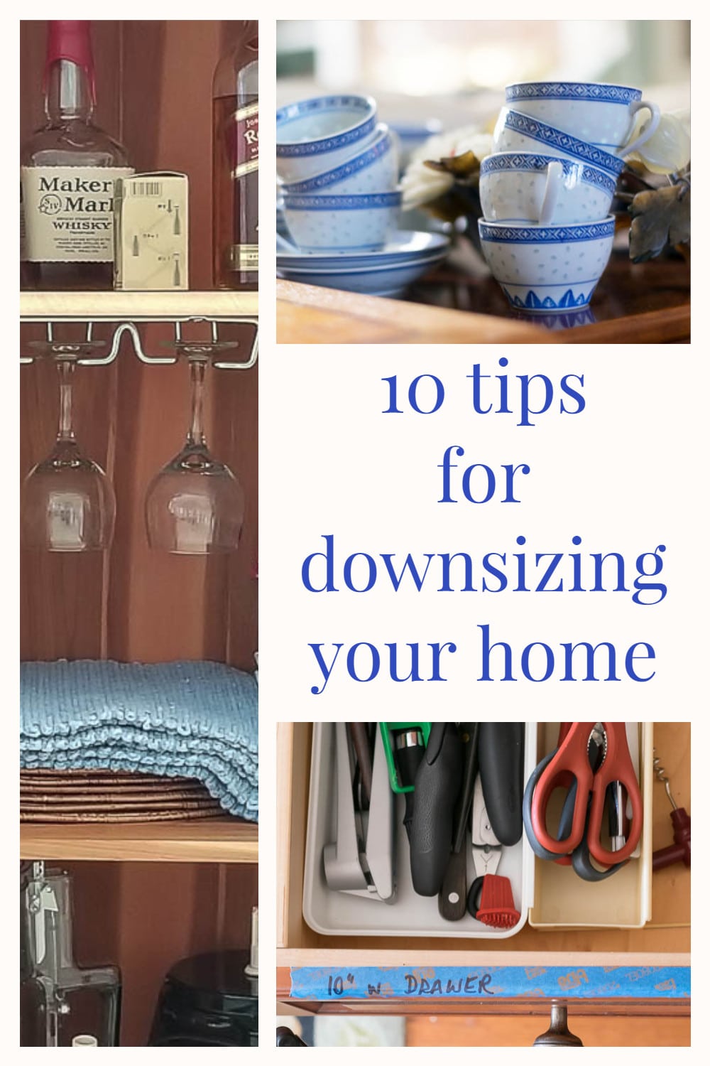 image of cups, labels on drawer and wine rack for 10 downsizing tips