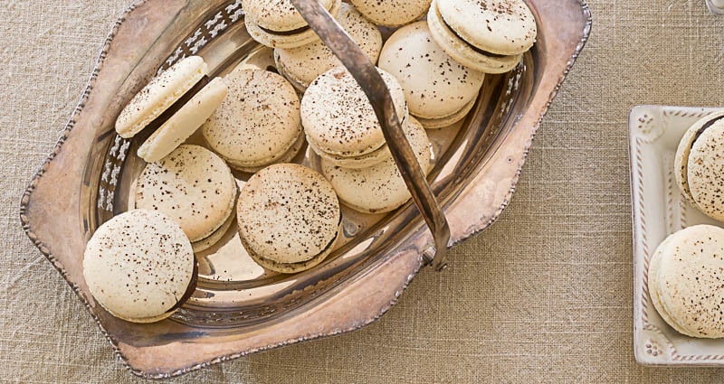 French Macarons in a silver container.