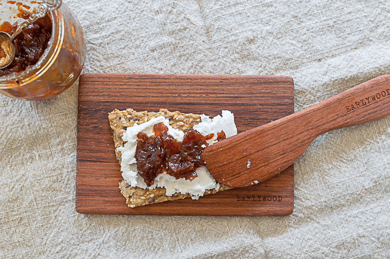 Smoky Spiced Tomato Jam Recipe on Goat Cheese and Crackers with Earlywood
