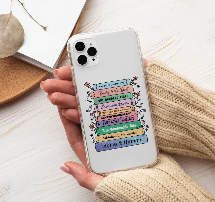 phone case with a stack of books.