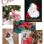 Santa painting, gingerbread present toppers, knit stocking, felt mantel swag and gift wrap cart.