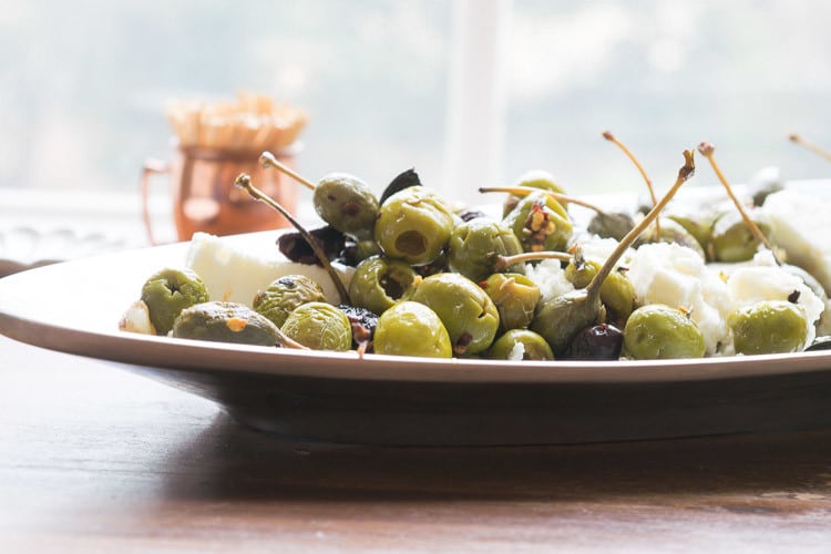 Roasted olives and feta cheese.