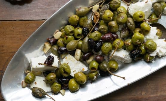 Feta and Roasted Olives Appetizer on Tray