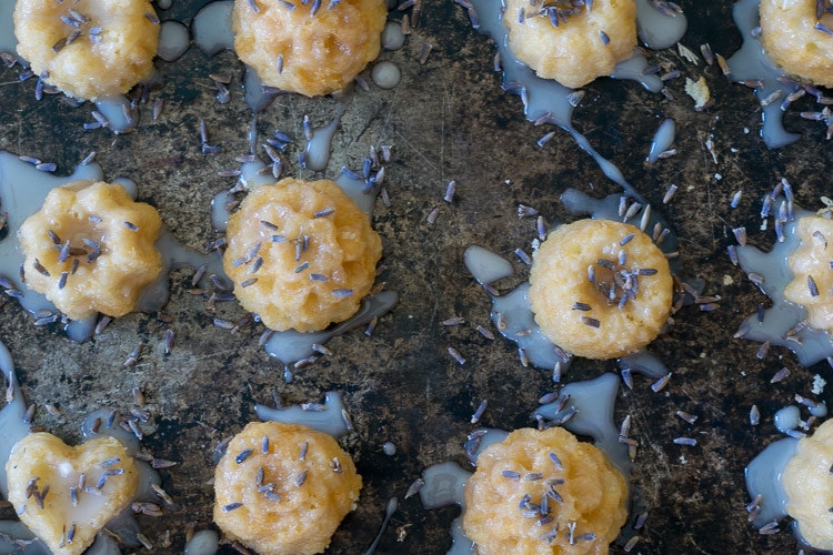 Overhead shot of vanilla tea cakes with glaze and lavender buds